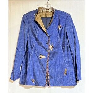 Canvasback‎ 100% Silk Blue Embroidered Wearable Art Funky Vintage Jacket Sz. 12